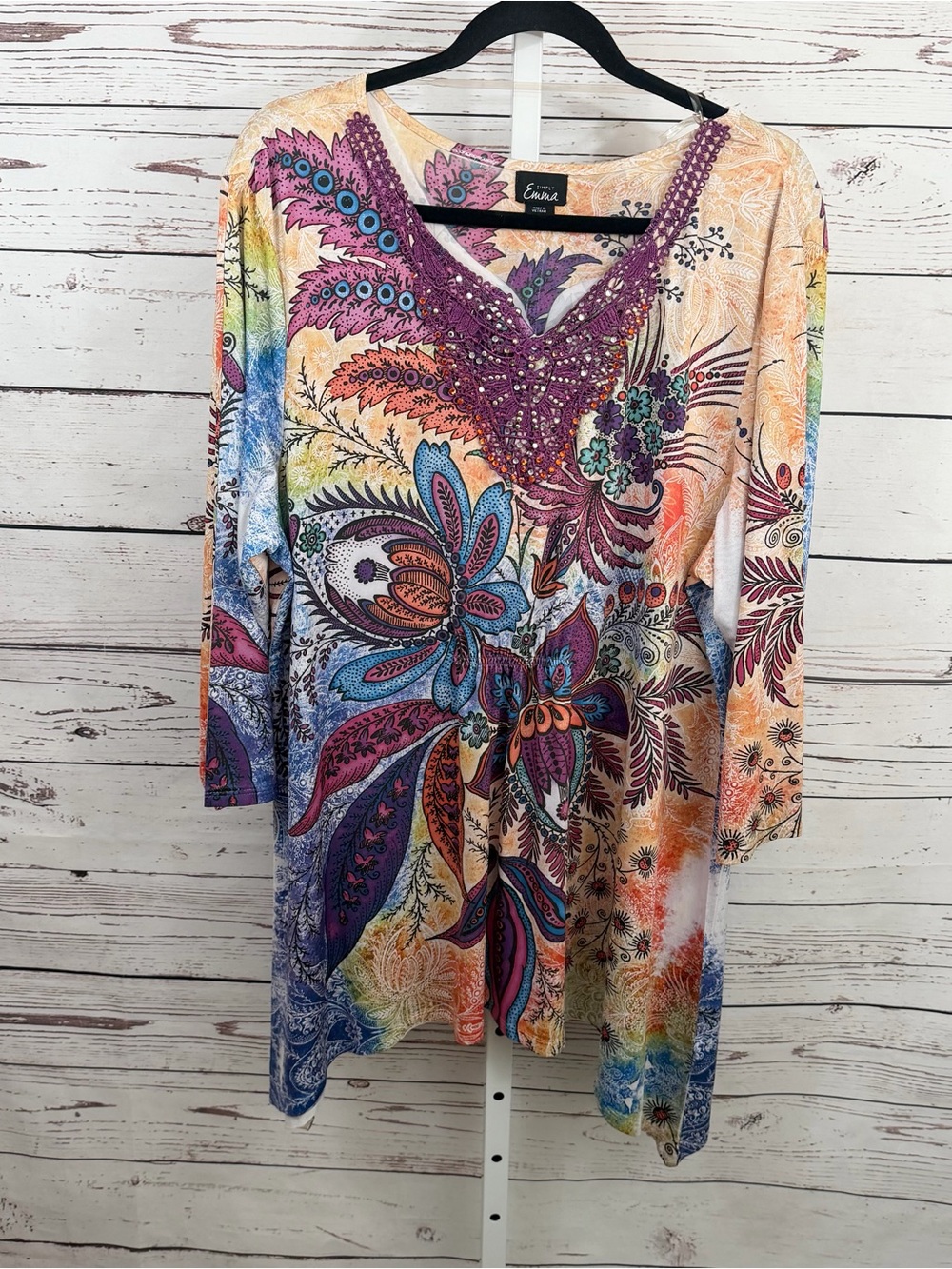 Simply Emma 3/4 Sleeve Floral Tunic - Orange, Cream, Black Plus Size 2X